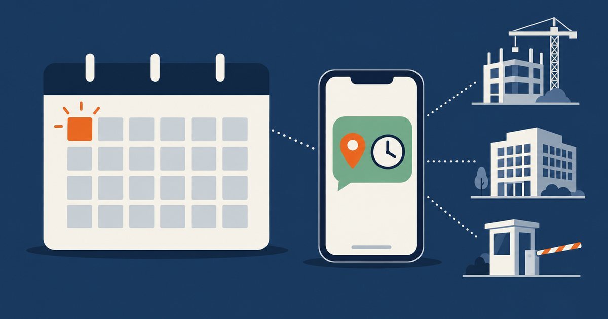 Ilustración de un calendario con el primer día marcado en naranja, un celular con un mensaje de ubicación y hora, y tres sedes: una obra, una oficina y una caseta de vigilancia.
